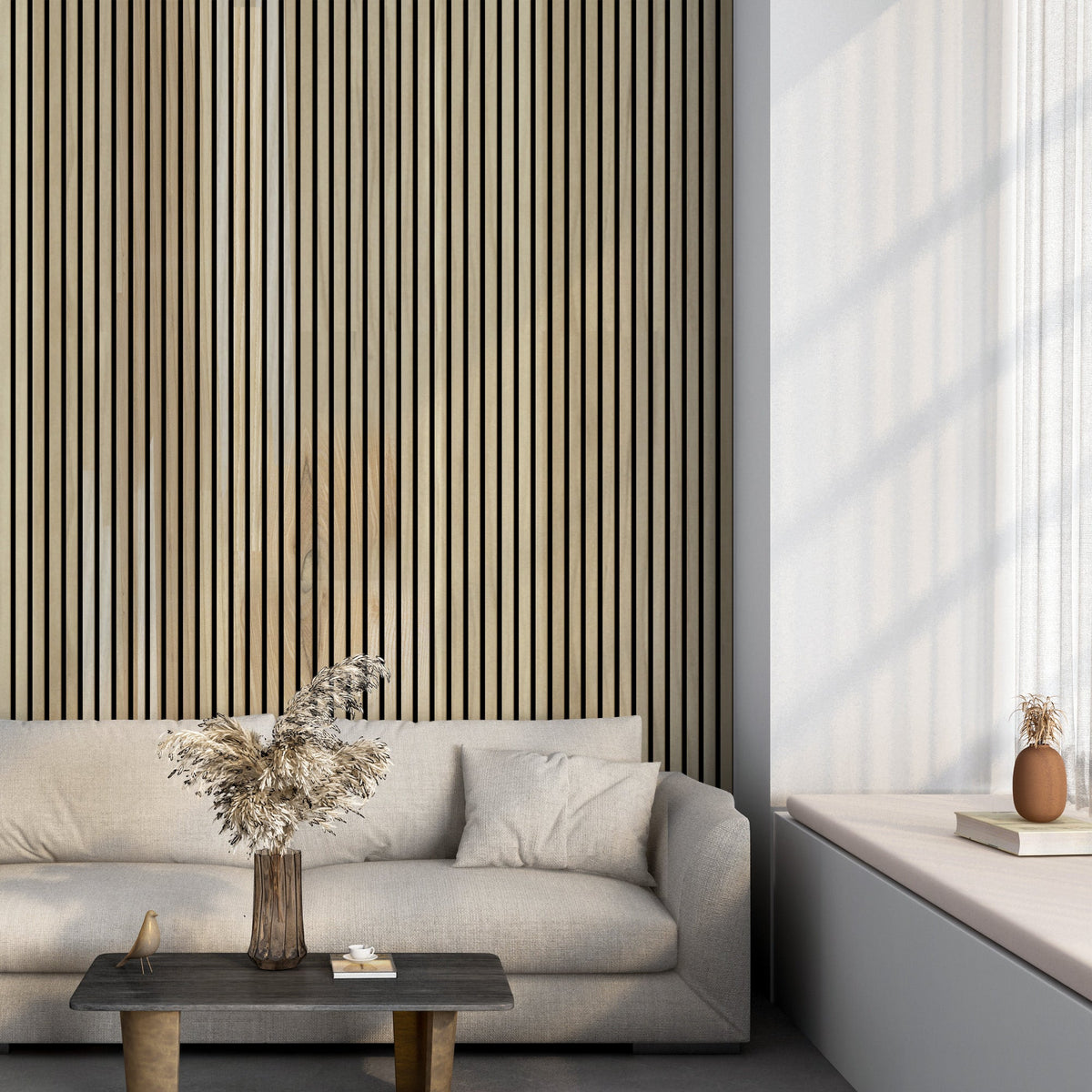 White Ash 100% Solid Acoustic Wood Slat Wall Panels with Black Felt Ba