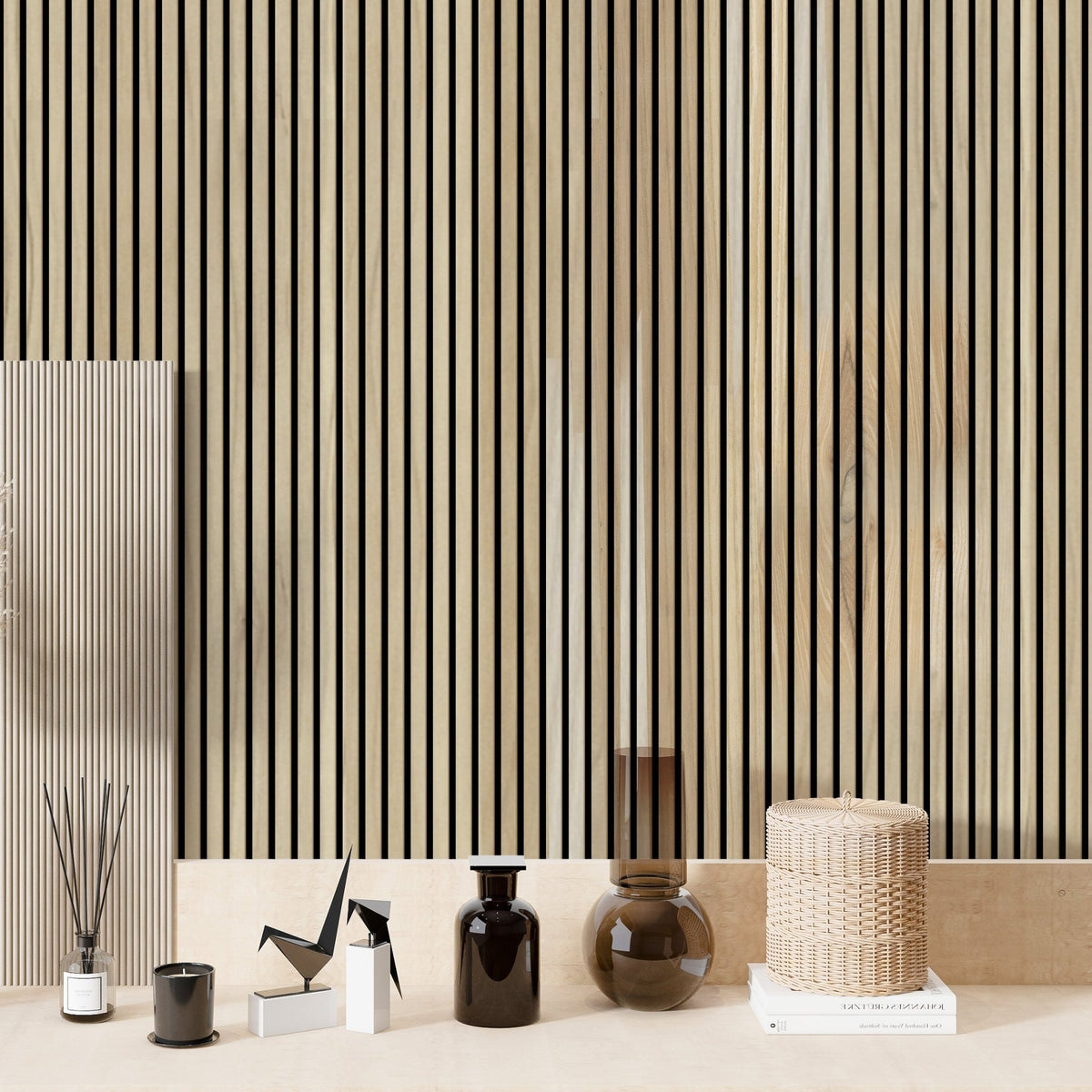 White Ash 100% Solid Acoustic Wood Slat Wall Panels with Black Felt Ba